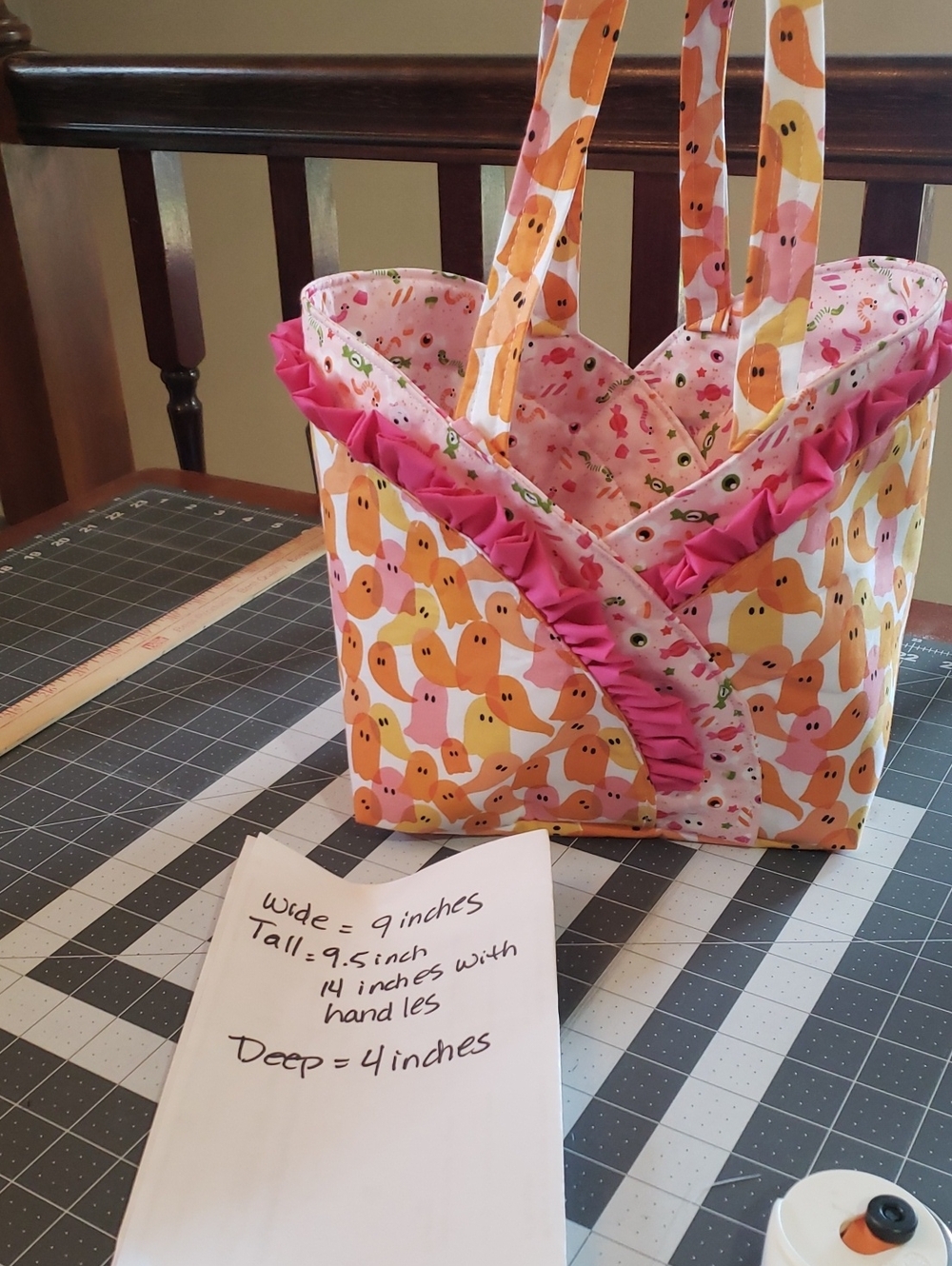 HOLIDAY HALLOWEEN Handmade Pink & Orange Patterned Tote Bag with Ruffle Trim.